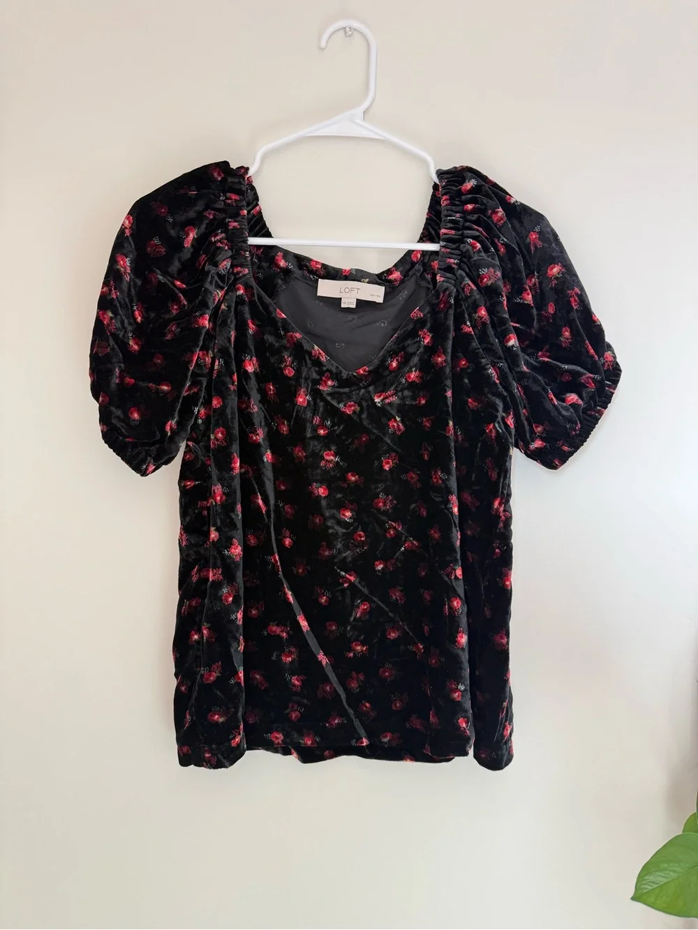 LOFT Black Velvet V-Neck Puff Sleeve Top with Red Floral Print